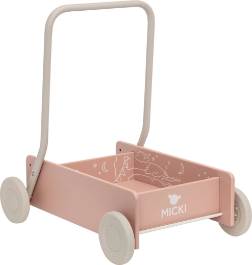 Carrellino primi passi in legno rosa Micki con carretto per bambini