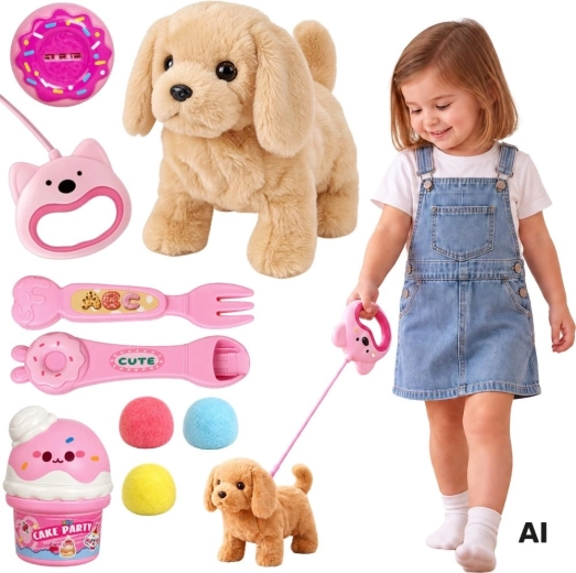 Cagnolino marrone interattivo WOOPIE al guinzaglio con accessori
