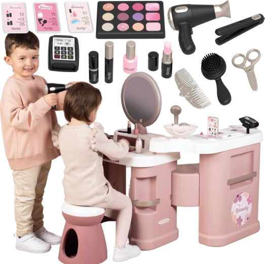 smoby centro della piccola stylist beauty – salone di bellezza per bambini 3in1 con 32 accessori