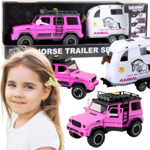 Auto fuoristrada rosa Woopie con rimorchio per cavalli e statuina di cavallo