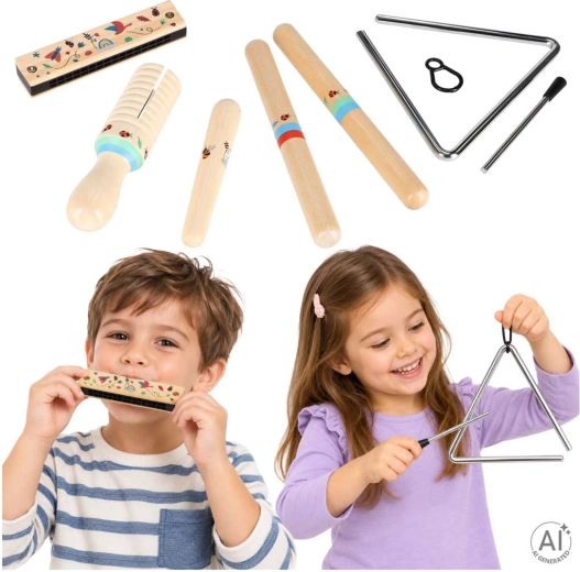 Strumenti musicali in legno per bambini – set (triangolo, legnetti ritmici, armonica a bocca, guiro)