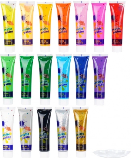 18 tonalità acriliche intense, incluse quelle ad effetto