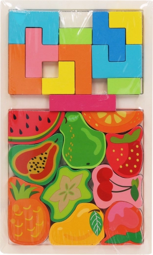 Puzzle a incastro in legno con forme e frutta 17 × 28 cm