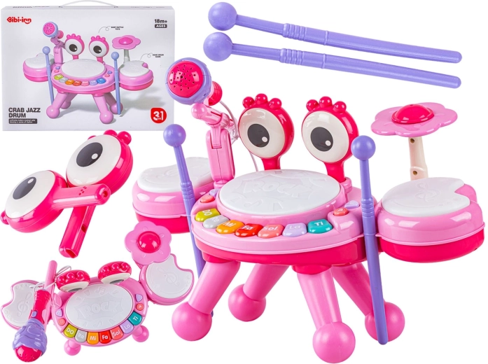 Mini batteria educativa a forma di granchio con pianoforte e microfono rosa - 1 pezzo