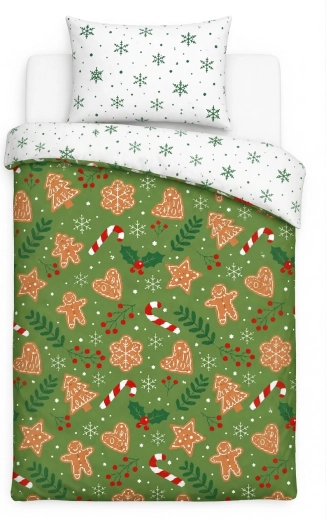 Biancheria da letto natalizia Holly Jolly con pan di zenzero e fiocchi verdi 140 × 200 cm