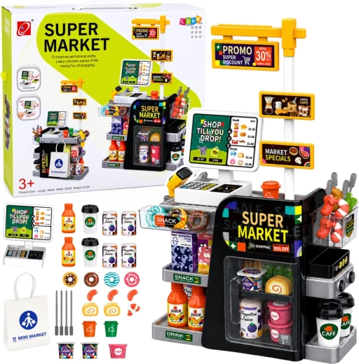 Supermercato per bambini con cassa, scanner e distributore di bevande (65 pezzi)