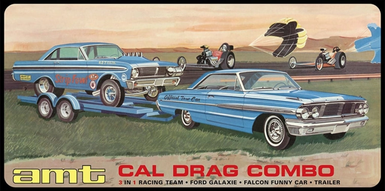 Modello in plastica AMT 3 in 1 Cal Drag Combo 1964 Galaxie, AWB Falcon e rimorchio 1:25 - 1 pezzo