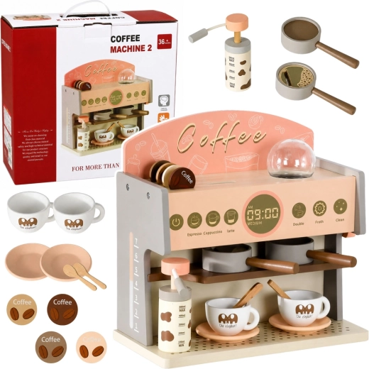 Macchina del caffè in legno per bambini – set da barista con accessori rosa