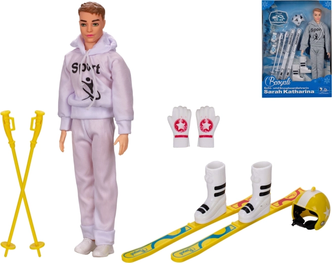 Omino sciatore con abbigliamento invernale e accessori