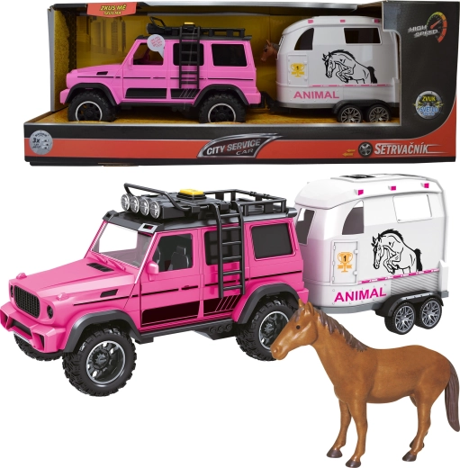 Fuoristrada rosa con rimorchio e cavallo 1:14 con luci e suoni