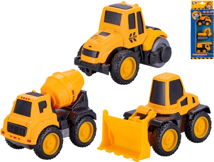 Set di camioncini da cantiere con gru e betoniera, 3 pz, 7–8,5 cm, retrocarica