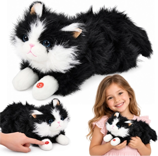 Gattino di peluche interattivo bianco e nero con suoni di miagolio 40 cm