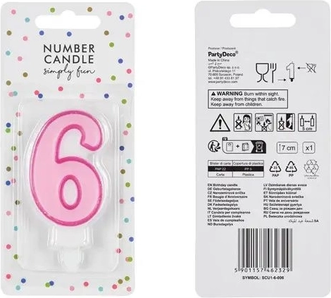 Candela di compleanno rosa a forma di numero 6, 7 cm