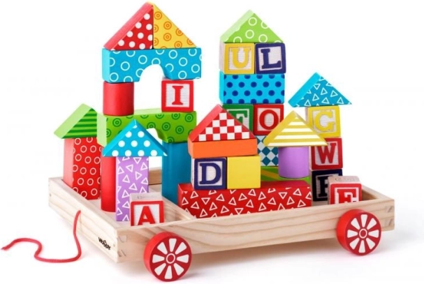Carrellino in legno con blocchi, 35 pezzi