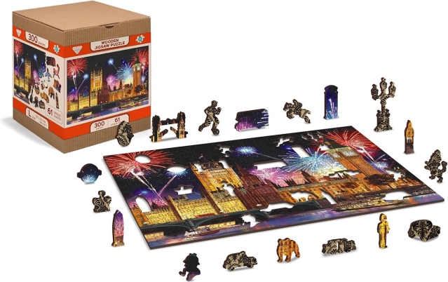 Puzzle in legno Londra di notte con fuochi d'artificio