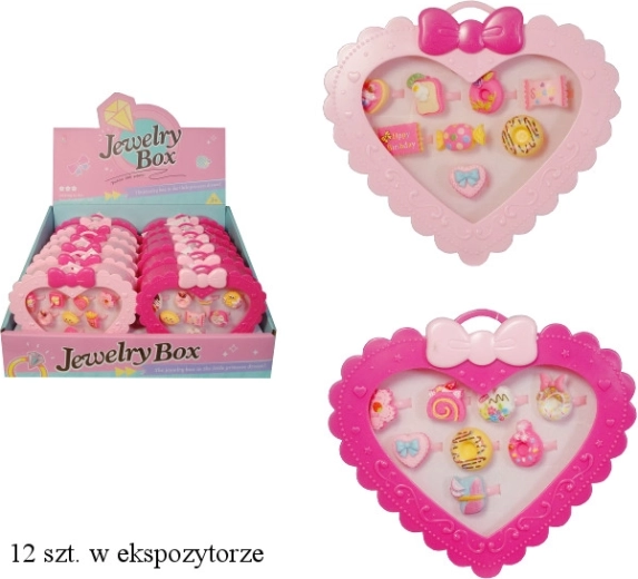Set di anelli colorati per bambine in scatolina a forma di cuore (8 pz)