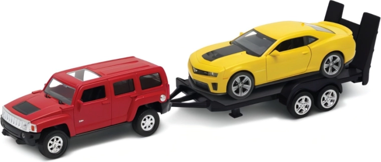 Rimorchio per auto Welly Hummer H3 con rimorchio e Chevrolet Camaro ZL1 1:34