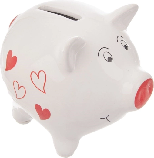 Salvadanaio in ceramica a forma di maialino 10 cm con cuoricini rossi
