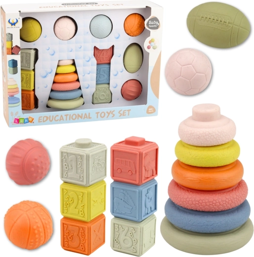 Set sensoriale per neonati – palline morbide, cubi con numeri e anelli impilabili, 18 pezzi