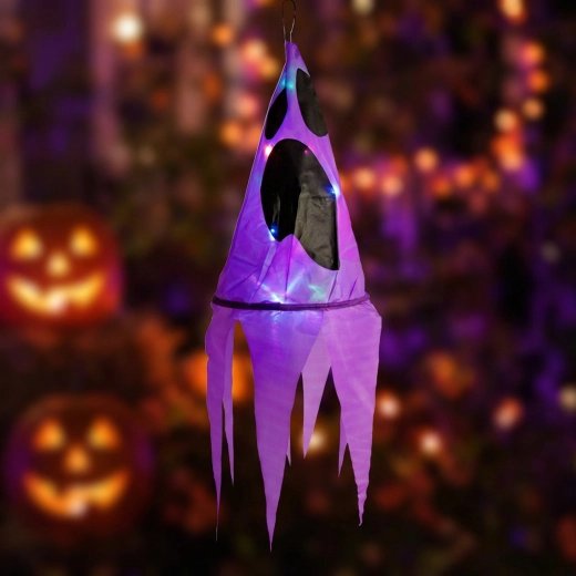 Decorazione luminosa sospesa di Halloween a forma di fantasma viola con 10 LED colorati