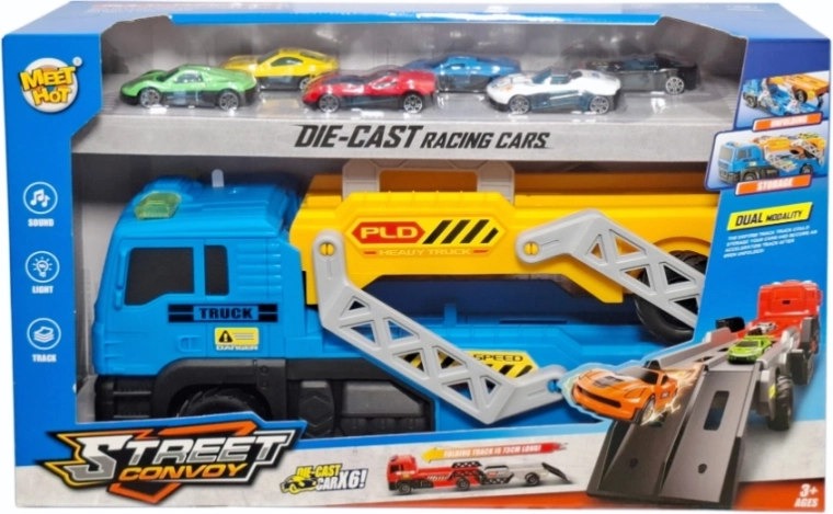 Camion bisarca con rampa e 6 auto da corsa
