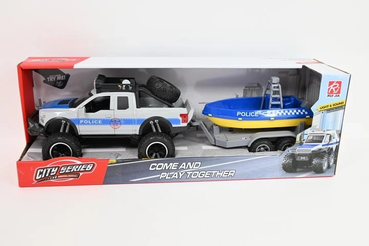 Fuoristrada della polizia con rimorchio e gommone di salvataggio con luci e suoni