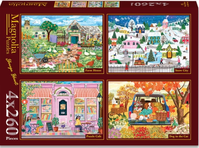 Puzzle Magnolia: tenuta di campagna, città innevata, caffetteria magica e cane copilota (4×260 pezzi)