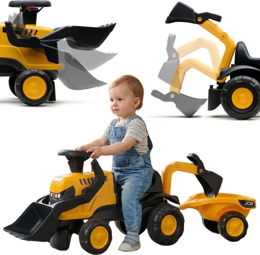 Trattorino cavalcabile JCB con rimorchio, paletta e rastrello per bambini 1–3 anni