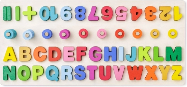 Tavola educativa in legno con lettere, numeri e simboli matematici