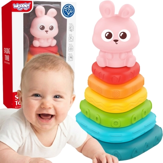 WOOPIE piramide sensoriale per bebè con coniglietto – torre ad anelli impilabili 6m+
