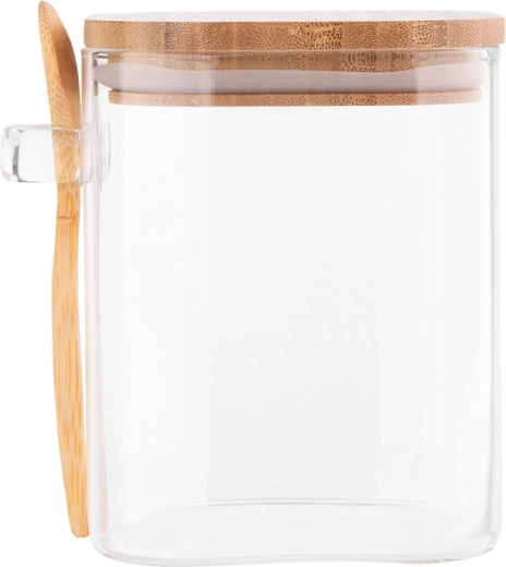 Barattolo quadrato in vetro borosilicato da 800 ml con coperchio in bambù e cucchiaino