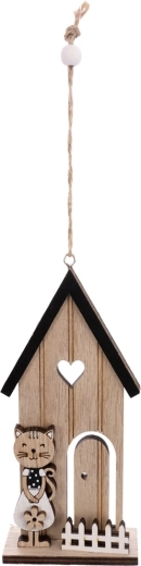 Decorazione in legno sospesa casetta con gatto beige