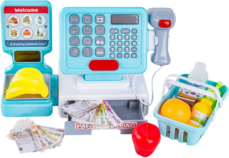 Bilancia, cassetto portadenaro e accessori per un gioco completo
