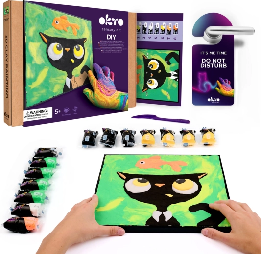 Okto Gattino nero con pesciolino – kit creativo di pittura con pasta secondo i numeri 29 × 29 cm