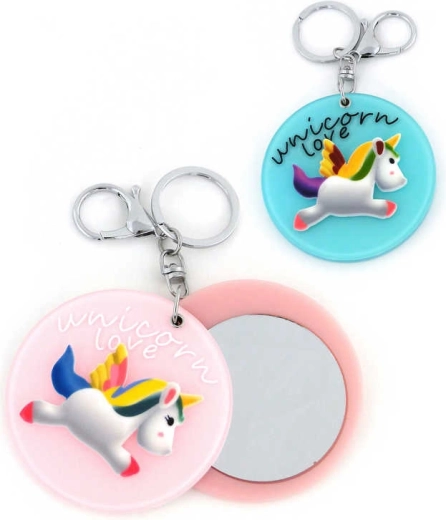 Portachiavi unicorno con specchietto e moschettone - 1 pezzo