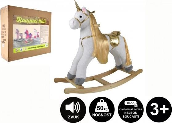 Unicorno a dondolo in peluche con suoni e movimento, portata 50 kg