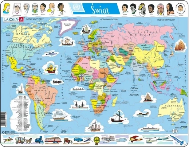 Larsen Mondo – mappa politica (puzzle educativo con cornice, versione polacca)