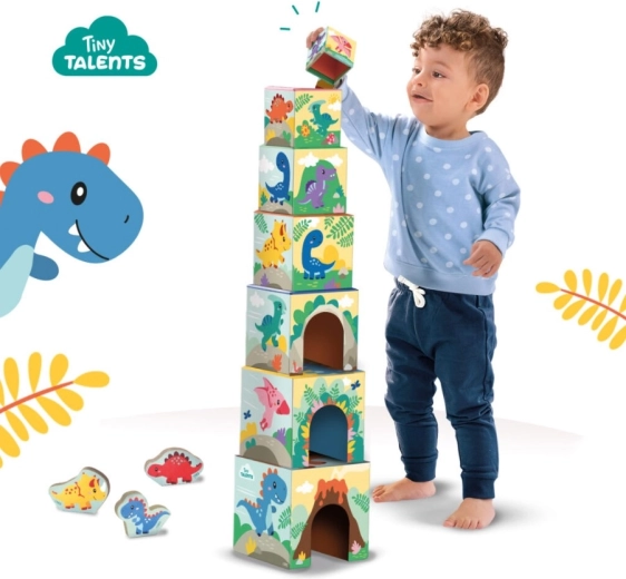 Torre di 7 cubi con allegre illustrazioni di dinosauri