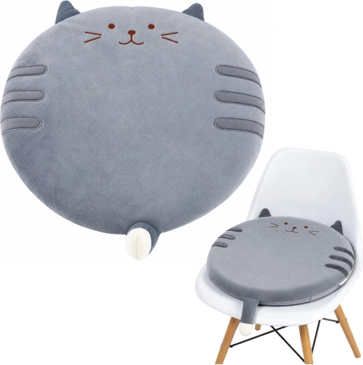 Cuscino rotondo in peluche per sedia a forma di gatto, grigio 40 cm