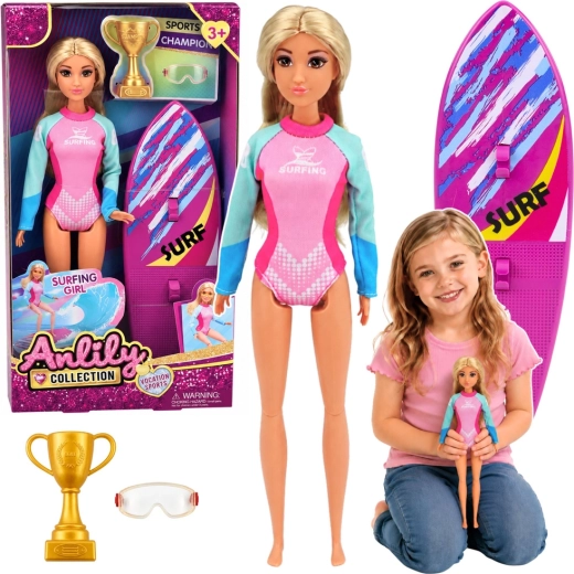 Bambola Anlily surfista con tavola da surf e accessori