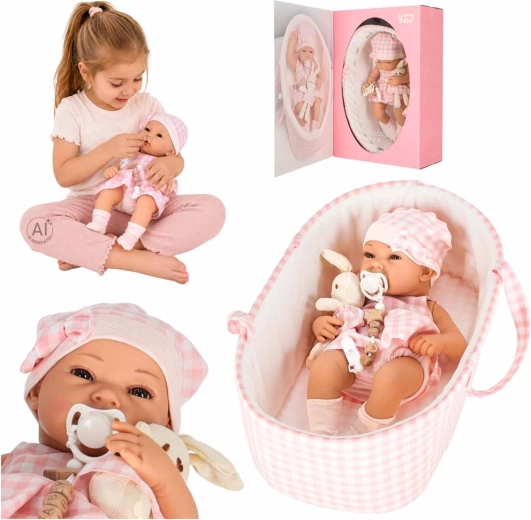 Bambola bebé 38 cm con cestino trasportabile e coniglietto di peluche rosa