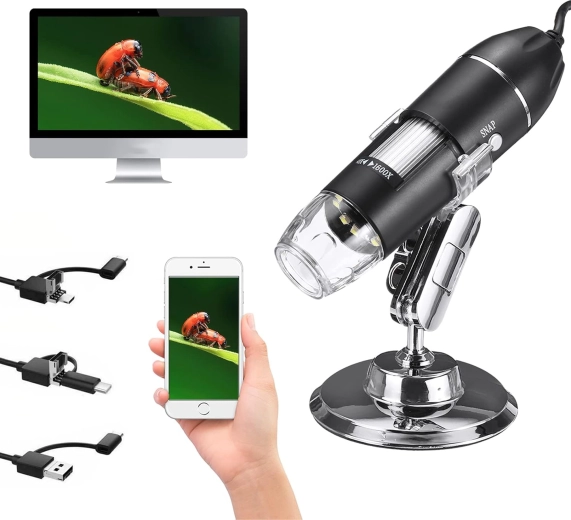 Microscopio digitale USB con LED, ingrandimento 1600×, 2 MP con stativo