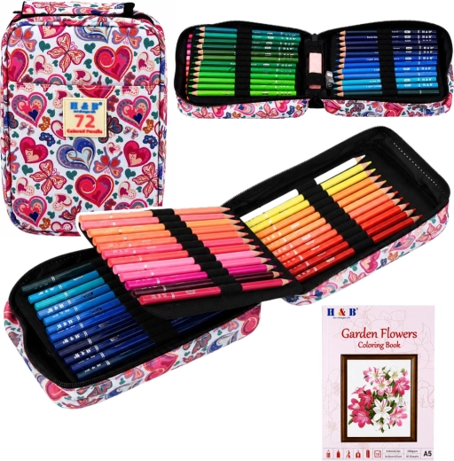 Astuccio a tre scomparti con 72 matite colorate, temperamatite, gomma e album da colorare fiori