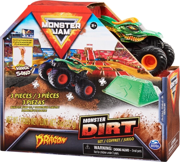 Monster Jam Dragon – camion mostro in metallo 1:64 con rampa per salti e sabbia