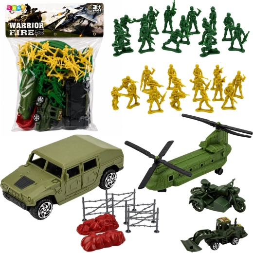 Set di gioco militare con soldatini, veicoli ed elicottero (58 pezzi)