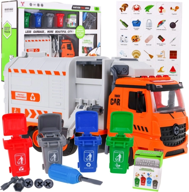 Camion dei rifiuti interattivo per bambini 3+ con 4 bidoni e cartoncini per la raccolta differenziata