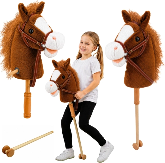 Cavallo a bastone con impugnatura in legno, suoni di galoppo e nitrito, marrone 100 cm