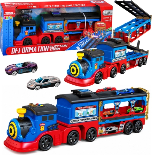 Locomotiva trasportatore di auto con rampa e lanciatore, luci e suoni