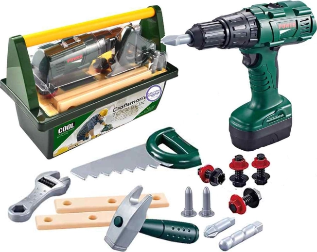 Woopie grande set di attrezzi per bambini in valigetta con trapano avvitatore a batteria, 15 pz