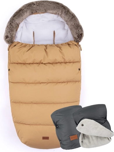 PETITE&MARS sacco termico 4 in 1 Comfy elegant caramel + muffole Jasie charcoal grey